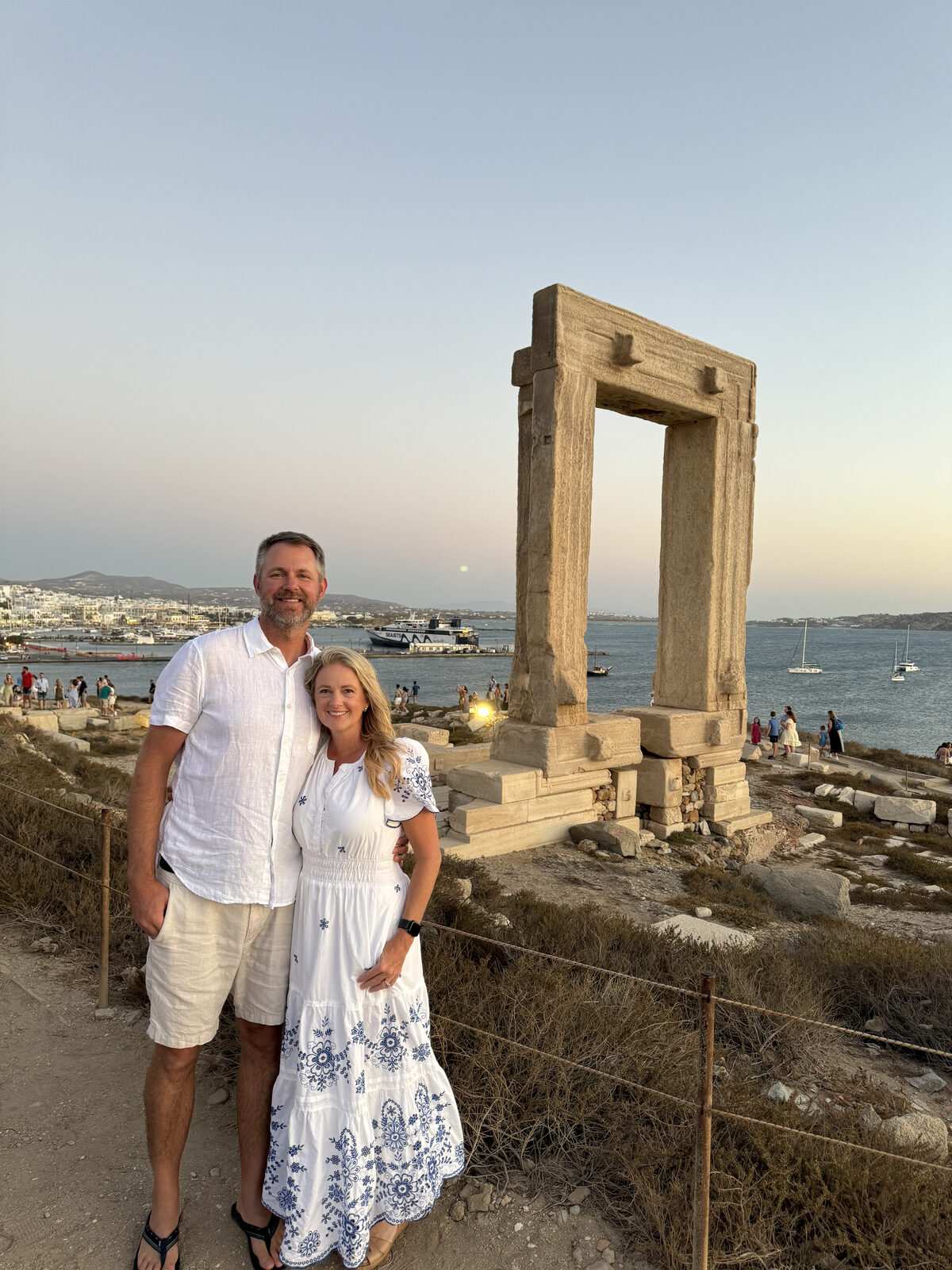 Heather and her husband at the Portara in Naxos, Greece