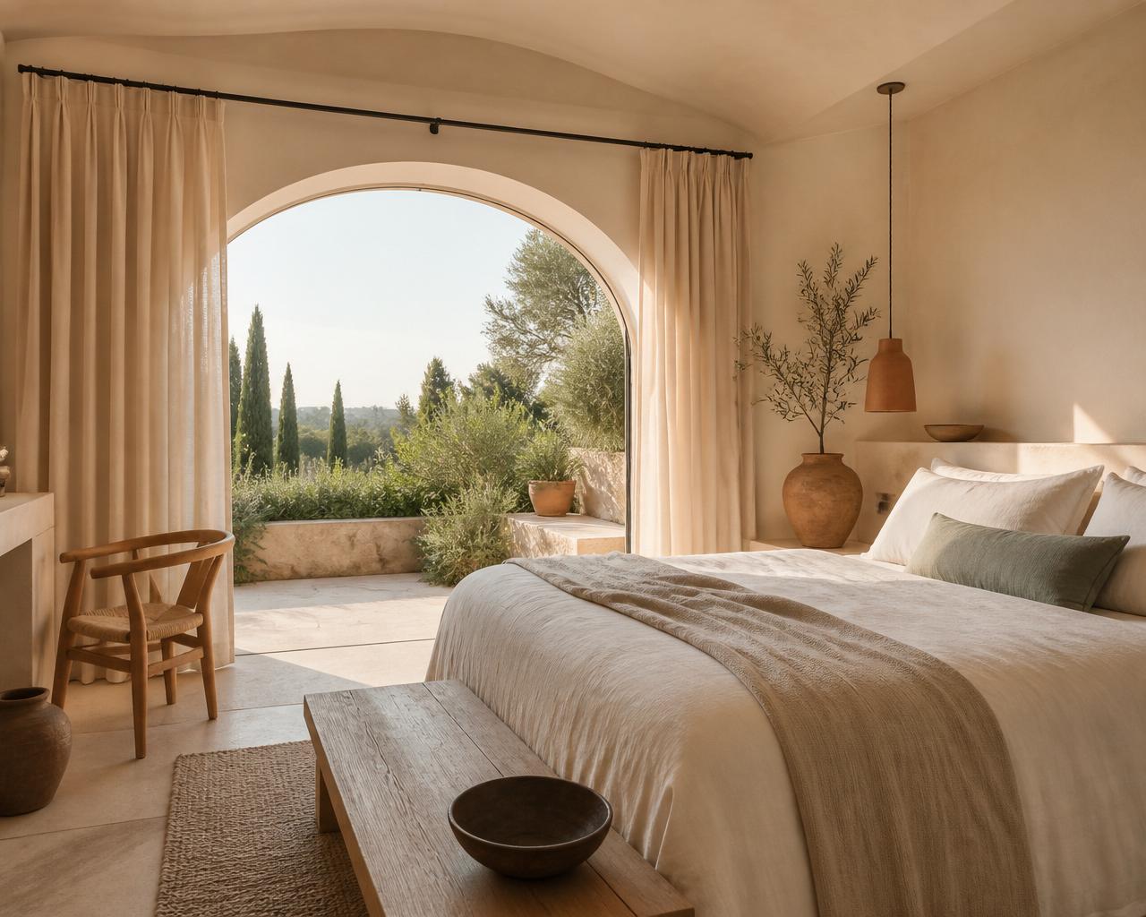 A sunlit Mediterranean suite with an arched window opening onto a quiet garden terrace